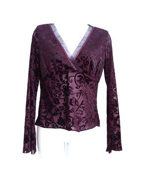 Vtg Y2K Wet Seal Burnout Velvet Sheer Top Babydoll Bell Sleeve Goth Fairy Berry